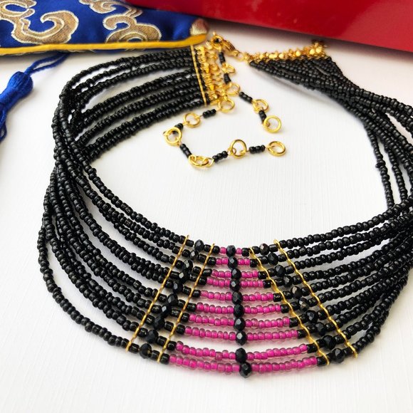 Pink and black wide collar choker, accent multi strand choker necklace OOAK - Picture 8 of 10